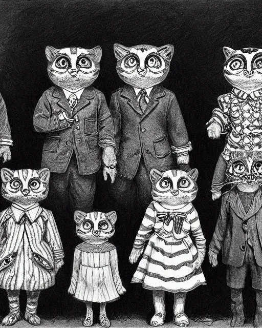 Prompt: group of creep children staring out, black and white character portrait, ultra realistic, concept art, intricate details, war, cinematic, highly detailed by louis wain