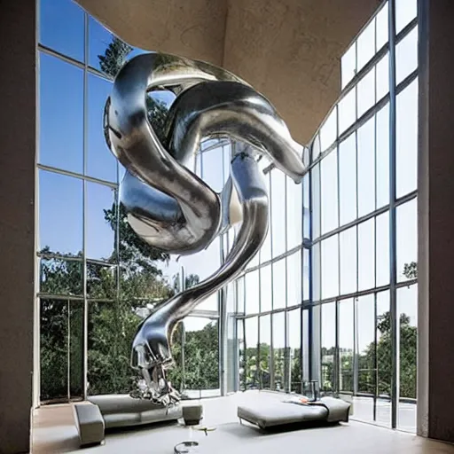 Prompt: giant Italian modern castle living room, clean minimalist design, that is 1300 feet tall, with very tall giant walks, giant modern stainless steel sculpture by John Chamberlain, photo by Annie Leibovitz