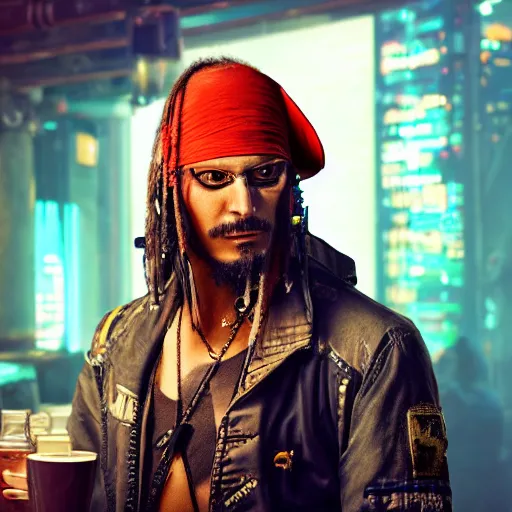 Prompt: a high quality portrait of a gritty pirate in a cyberpunk cyberpunk cyberpunk cafe, realism, 8k, award winning photo