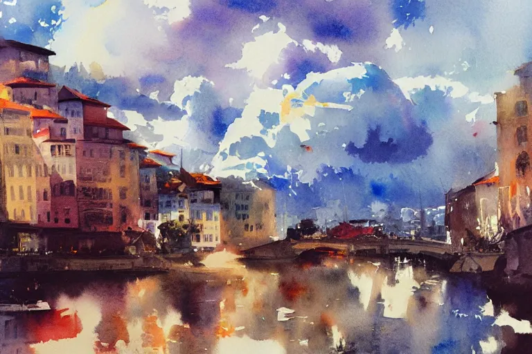 Prompt: small centered on watercolor paper, paint brush strokes, abstract watercolor painting of porto in bright daylight, tall clouds, cinematic light, national romanticism by hans dahl, by jesper ejsing, by anders zorn, by greg rutkowski, by greg manchess, by tyler edlin