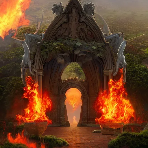 Prompt: arch angels are guarding the fiery gates of hell in the garden of eden, highly detailed, ultra photorealistic, artstation