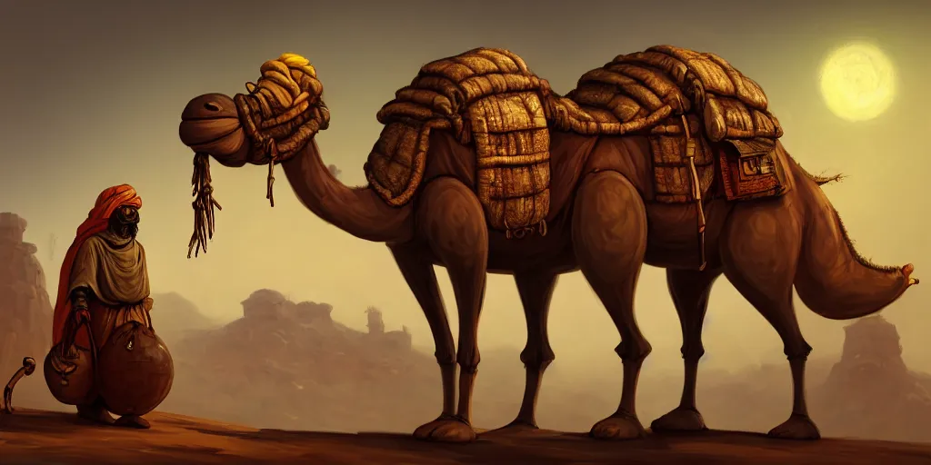 Image similar to an anthropomorphic camel that is a merchant, village trader, caves of qud, matte oil painting, retrofuturistic, concept art, science fantasy, post - apocalyptic, mutant, rpg, epic, rust, salt, plants, dungeons & dragons, toxic, sharp focus, award - winning, extremely detailed, 4 k, 8 k