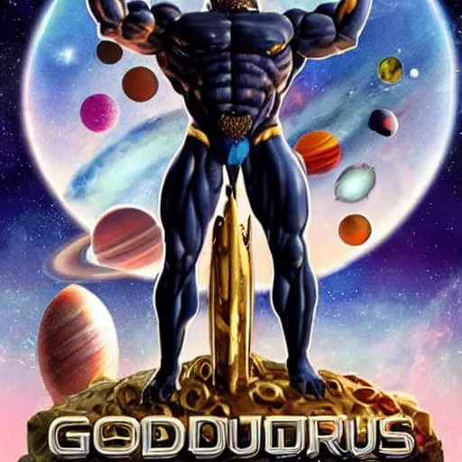 Prompt: god of universe gigachad colosus on space surrounded of planets