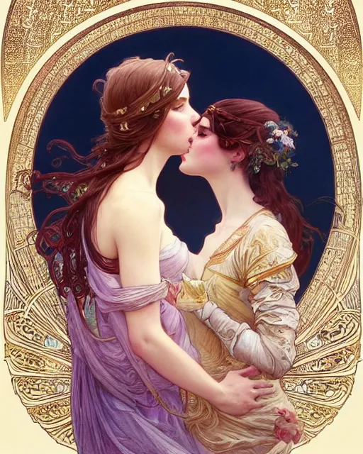 Prompt: the kiss | highly detailed | very intricate | art nouveau | gold filigree | romantic storybook fantasy | soft cinematic lighting | award - winning | watercolor painting by mandy jurgens and alphonse mucha and alena aenami | pastel color palette | featured on artstation