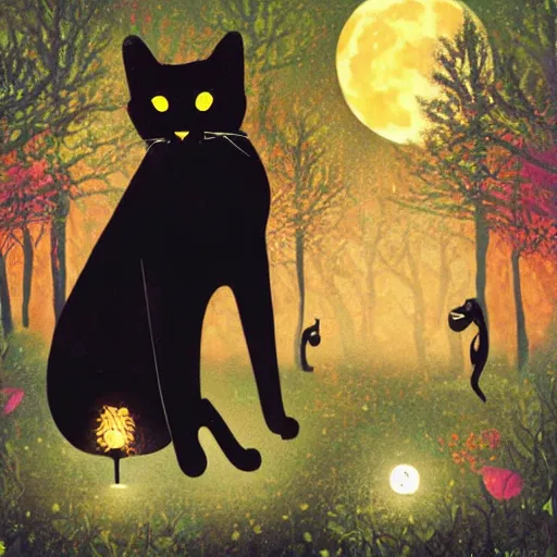 Image similar to little black cat in the fantasy forest, shining in the moonlight