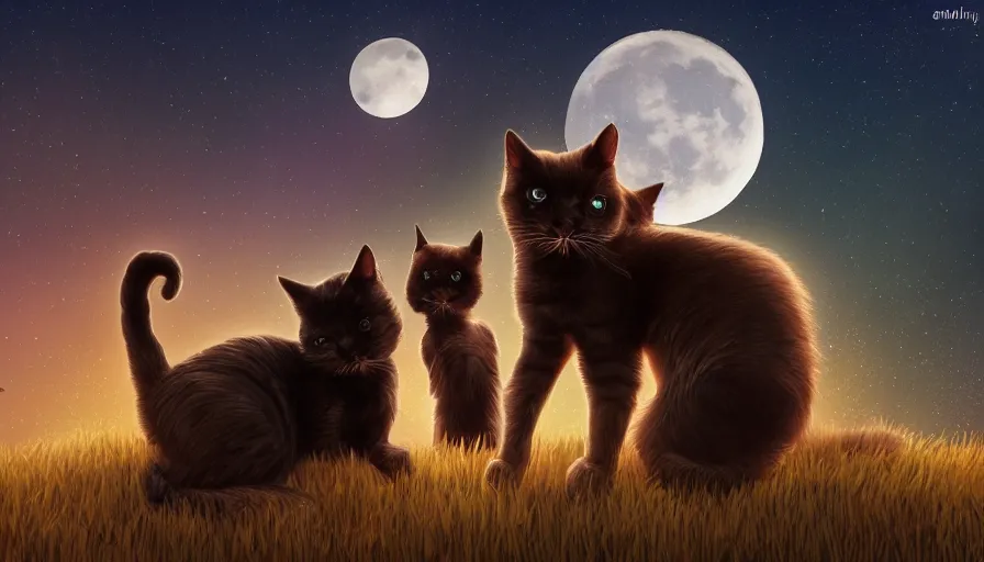 Prompt: cats on the hill looking at the stars in the sky together at night, moon and stardusts, hyperdetailed, artstation, cgsociety, 8 k