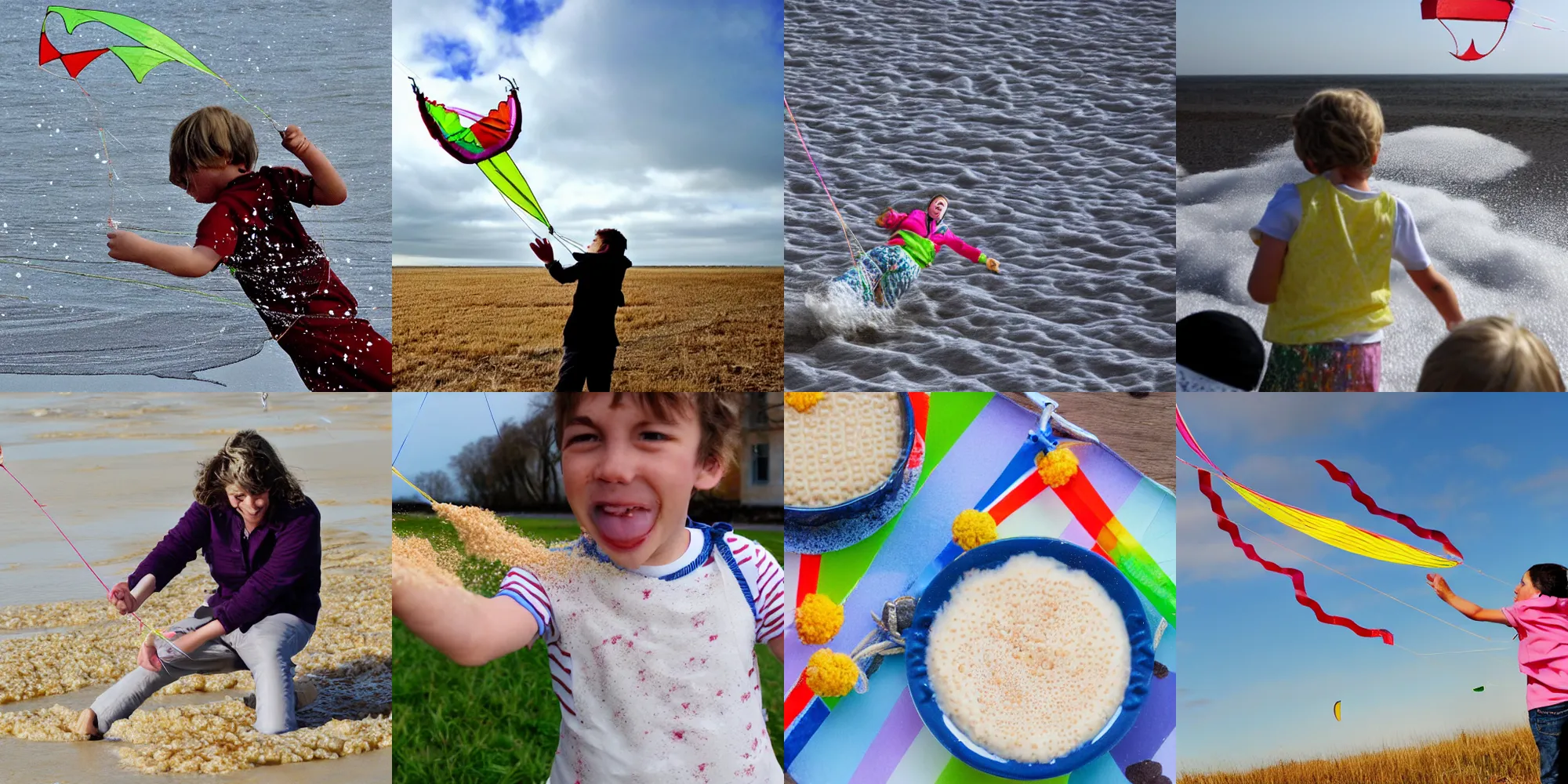 Prompt: flying a kite in a rice pudding storm, rice pudding storm