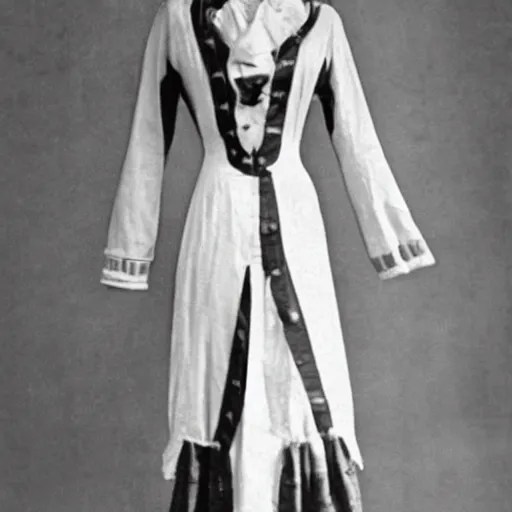 Image similar to a photograph from a museum displays a vintage 1 9 1 0 s of a woman wearing an art nouveau haute couture sailor dress suit outfit ensemble.