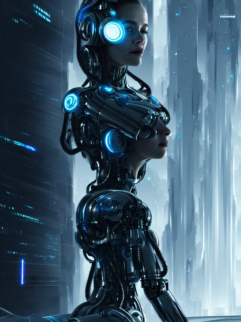 Image similar to ultra realistic, beautiful female cyborg lost in a space metropolis, sci-fi, cyberpunk, concept art, intricate details, eerie, highly detailed, octane render, 8k