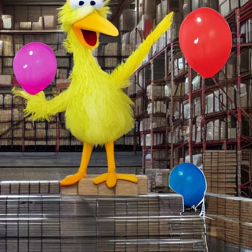 Prompt: a realistic drawing of big bird clear face in a warehouse fulled with balloons