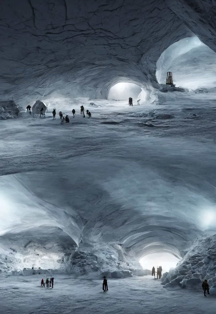 Image similar to Multiple connecting tunnels in antartica with a thin ice roof that reflect the sun in a beautiful way, multiple native people dancing in the tunnels around campfires and igloos, facinating and imposing, fantasy digital art, octane render, beautiful composition, trending on artstation, award-winning photograph, masterpiece