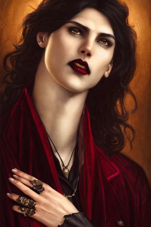 Image similar to a beautiful androgynous man, long thick dark hair, deep brown eyes, vampire, dressed in velvet, wearing a ruby pendant, illustration, dramatic lighting, soft details, painting oil on canvas, art nouveau, octane render, HDR, 4k, 8k, HD, by Edmund Blair Leighton, Brom, Charlie Bowater, faces by otto schmidt