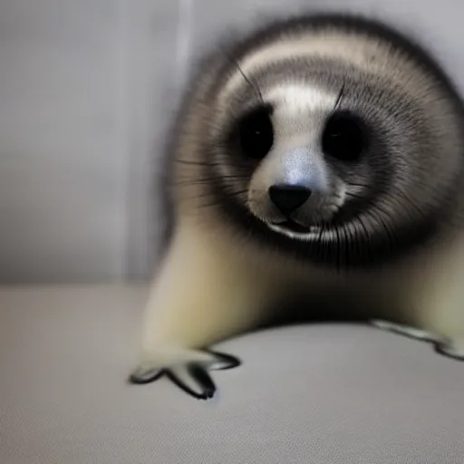 Prompt: a baby harp seal with all black hair and fur, sitting at a desk, looking at blueprints for a nuclear bomb, sitting inside an office at a luxury resort in florida, ap news