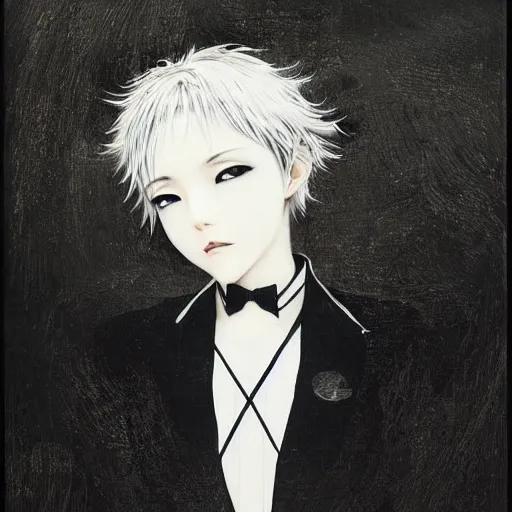 Image similar to Yoshitaka Amano realistic illustration of an anime girl with short white hair and black eyes wearing tuxedo, abstract black and white background, film grain effect, highly detailed, Renaissance oil painting