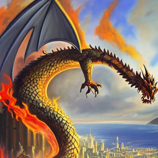 Prompt: oil painting of a dragon that destroyes a medieval city with fire