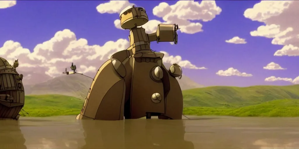 Image similar to a cell - shaded cartoon movie still from howl's moving castle ( 2 0 0 4 ) of a giant mechanical golem swaying in a flooded valley. shafts of sunlight come from above. a ufo is in the sky. wide shot, very dull muted colors, hd, 4 k, hq