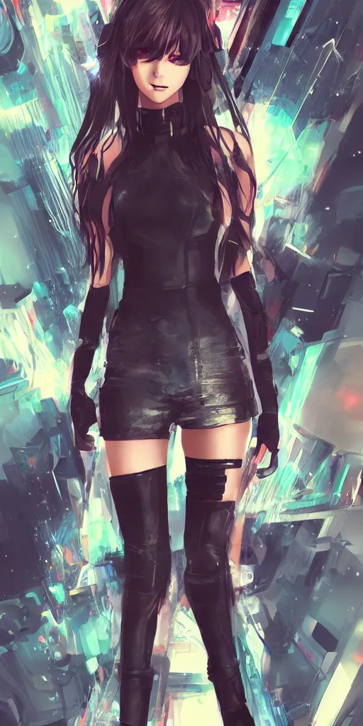 Image similar to fullbody portrait of a beautiful girl dressed in cyberpunk style, anime style, masterpiece, award - winning, artstation, pixiv