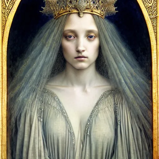 Image similar to detailed realistic beautiful young medieval queen face portrait by jean delville, tom bagshaw, brooke shaden, gustave dore and marco mazzoni, art nouveau, symbolist, visionary, gothic, pre - raphaelite, ornate gilded medieval icon, surreality, ethereal, unearthly, haunting, celestial, neo - gothic, ghostly