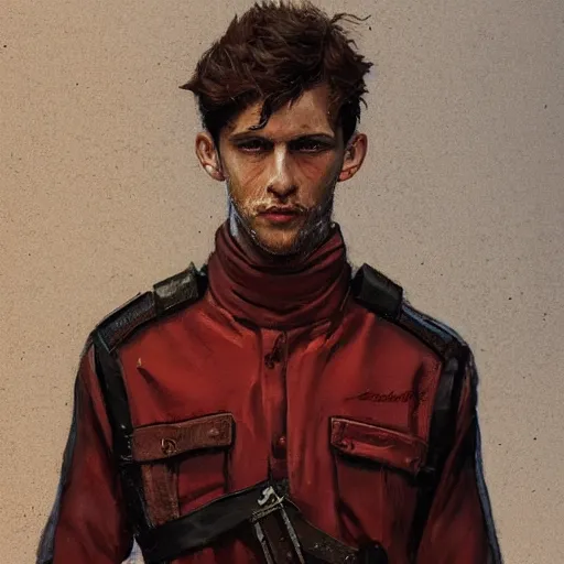 Image similar to Portrait of a man by Greg Rutkowski, he is about 20 years old, copper short hair, his features are a mix between Scottish and Arabian, strong and tall, older brother vibes, he is wearing utilitarian red and black jumpsuit, highly detailed portrait, digital painting, artstation, concept art, smooth, sharp foccus ilustration, Artstation HQ.