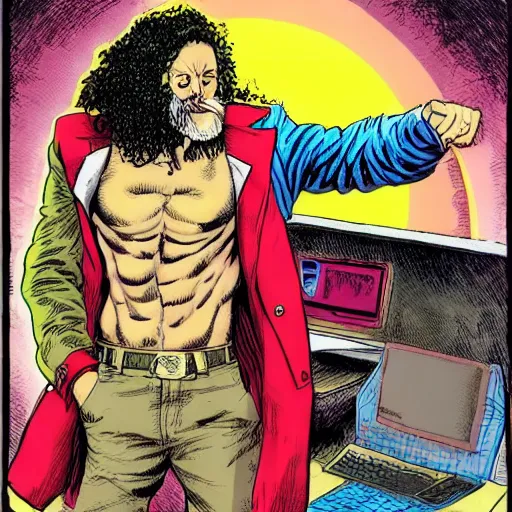 Prompt: ripped physique telekinesis alan moore disguised as a mosquito whilst wearing a denim jacket transmetropolitan neal adams darick robertson dave gibbons staedtler