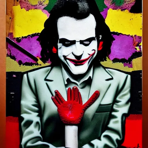 Image similar to mimmo rottela and banksy as joaquin phoenix skinny joker holding hand lady gaga harley queen, very realistic, intricate details, pop art style, concept art, confident, love, random object movement, 3 colours, proportional size, warm color, 4 k, ultra smooth, sharp focus