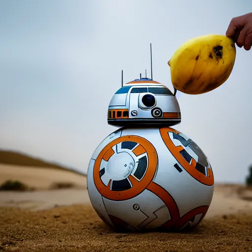 Prompt: A photo of BB-8 standing outside and handing out banans. sigma lens. t/2.8, shutter speed 1/600 . Iso 2500. Cinematic lighting. Award winning photo by alberto ghizzi panizza. National geographic