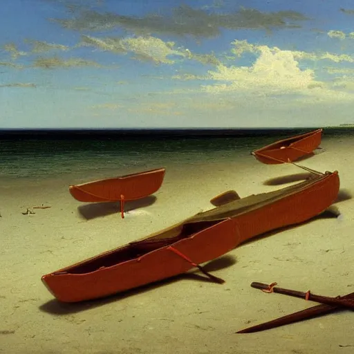 Prompt: An oil painting of lost kayak paddles on a New England beach, by Albert Bierstadt, 1858.