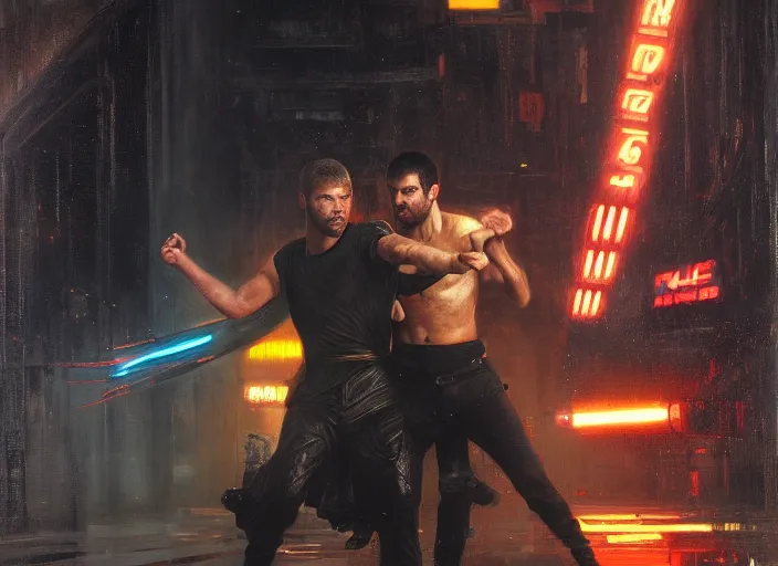 Image similar to blade runner fighting android 🤼 ( blade runner 2 0 4 9, cyberpunk 2 0 7 7 character design ). orientalist portrait by john william waterhouse and james gurney and theodore ralli and nasreddine dinet, oil on canvas. cinematic, hyper realism, realistic proportions, dramatic lighting, high detail 4 k