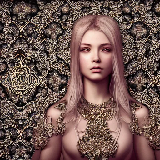 Image similar to wonderful princess of fractals and patterns, beautiful face, hyper detailed, background intricate and detailed, ornate 8 k gorgeous intricate detailed, octane render