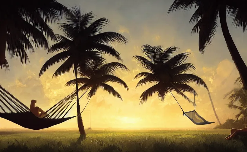 Prompt: painting of a hammock at sunset with tropical palm trees, natural light, concept art, by greg rutkowski, cozy atmospheric and cinematic lighting