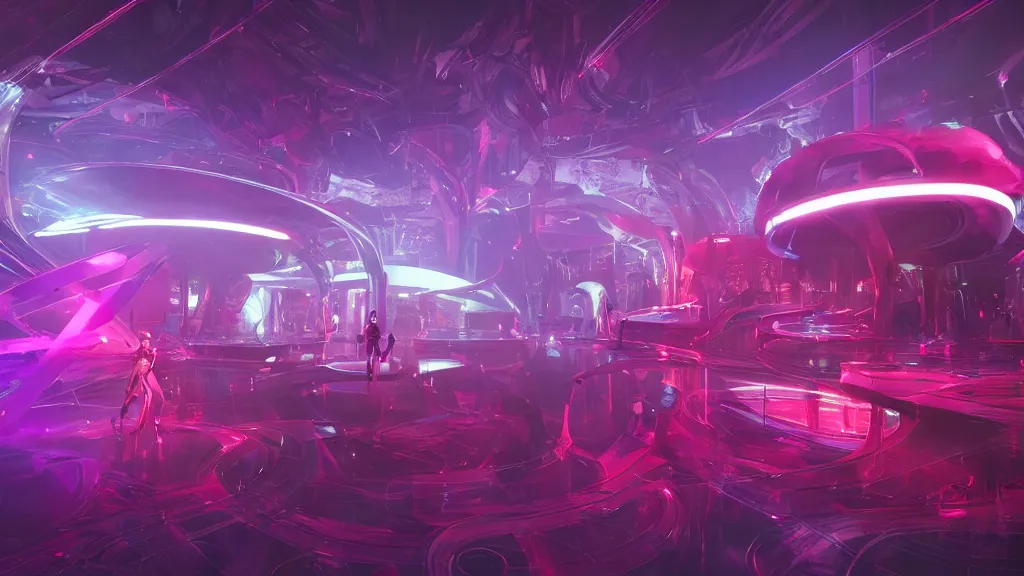 Prompt: sci-fi night club, with exotic female alien gogo dancers dancing on platforms, neon lights, fog, smoke and atmosphere, red tones, bloom, platforms, circular mechanical structures, faceted shapes, contemporary aesthetic, like concept art on artstation, hyperdetailed, octane render, like zaha hadid
