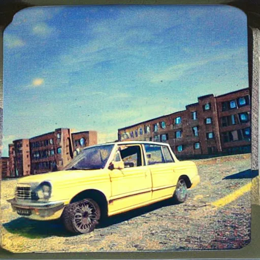 Image similar to low angle shot of russian car in soviet yard with block of flats, low grain film,polaroid, masterpiece, blur, mid day in style of william egglestone