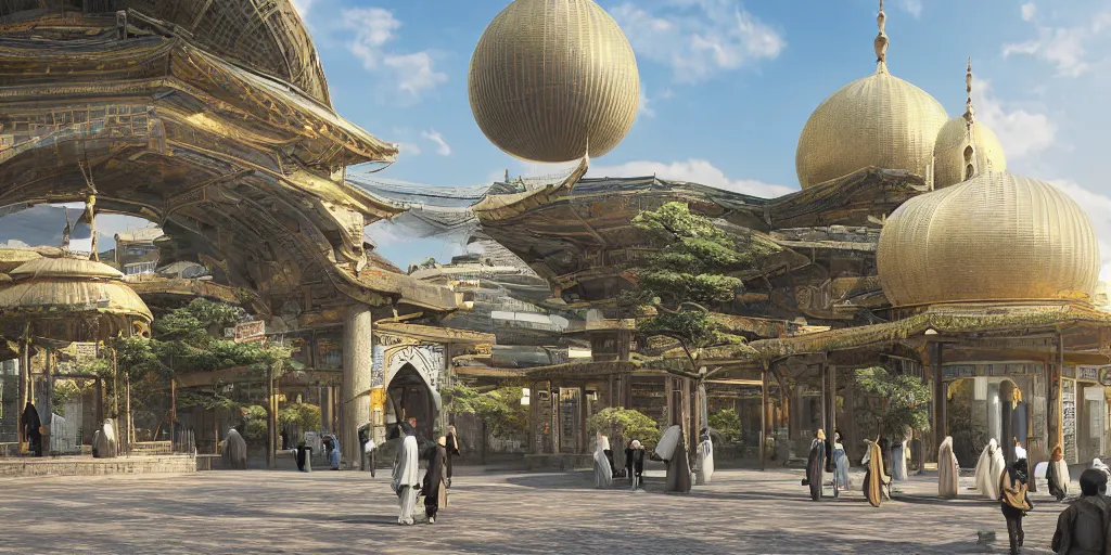 Image similar to Photorealistic solarpunk mosque in Tokyo, with great domes and arches, harmony with nature, people and androids wearing traditional japanese clothing. Hyperdetailed photorealism, UHD, amazing depth, glowing rich colors, golden ration, 3D octane cycle unreal engine 5, 3d shading, cinematic lighting, artstation concept art