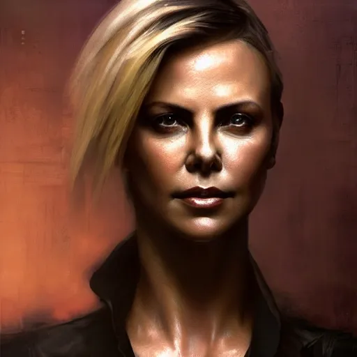 Image similar to charlize theron, hyperrealistic portrait, bladerunner street, art of elysium by jeremy mann and alphonse mucha, fantasy art, photo realistic, dynamic lighting, artstation, poster, volumetric lighting, very detailed face, 4 k, award winning