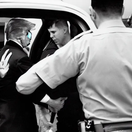 Image similar to candid ap press photo of president trump in handcuffs being arrested by fbi agents, escorting him into a police car, 3 5 mm lens, highly detailed portrait, 4 k uhd, sony camera, f / 2 2