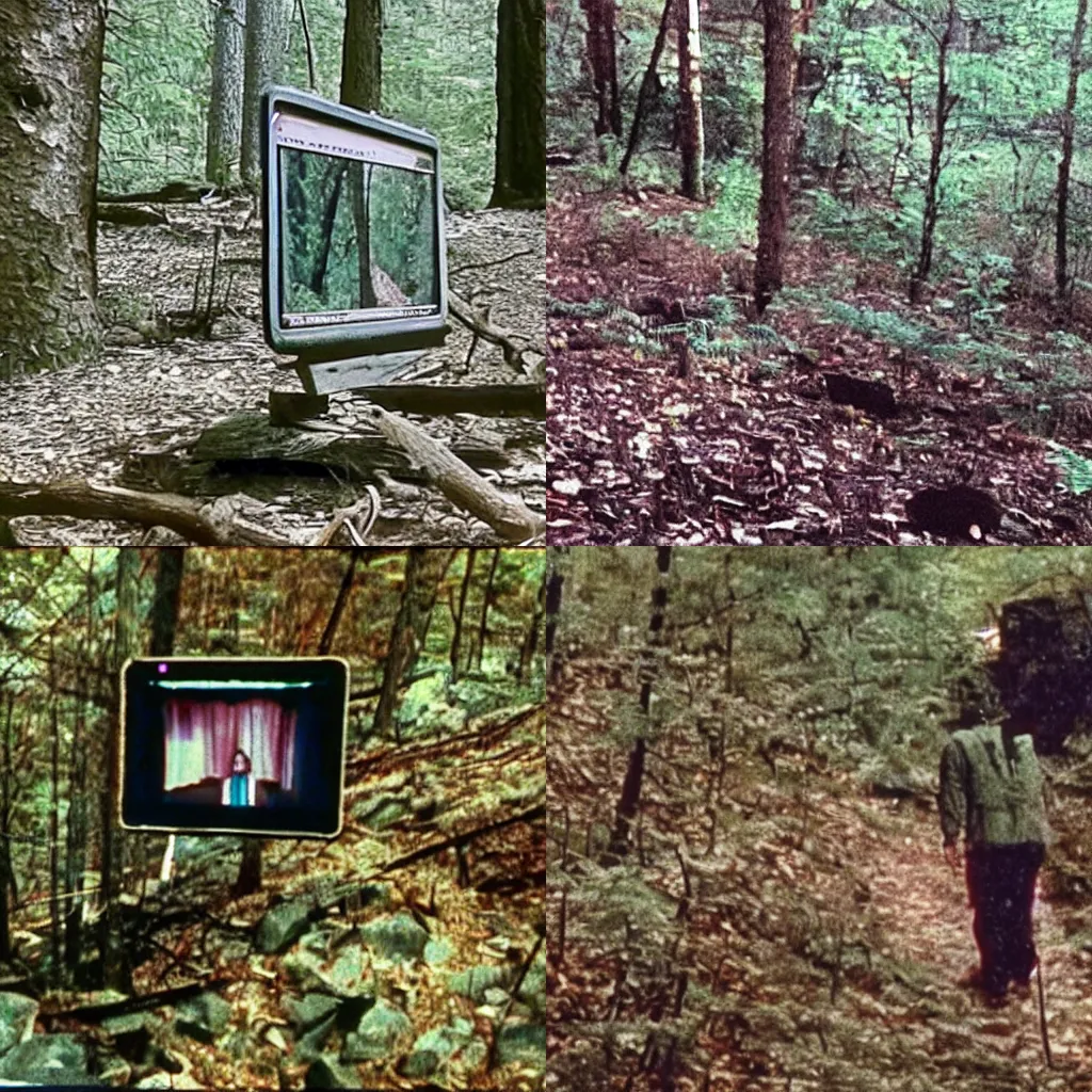 Prompt: A screen capture of found footage video left behind by a missing hiker in 1992