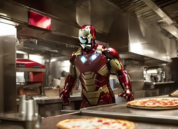 Prompt: film still of Ironman working in a pizza parlor making pizza in the new Avengers movie, 4k