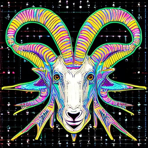 Image similar to baphomet goat head merged with mainframe circuitry, multicolored digital art