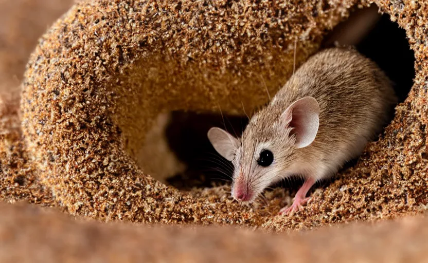 Prompt: close up a tiny sentient desert mouse steering a giant sandworm, macro focus,