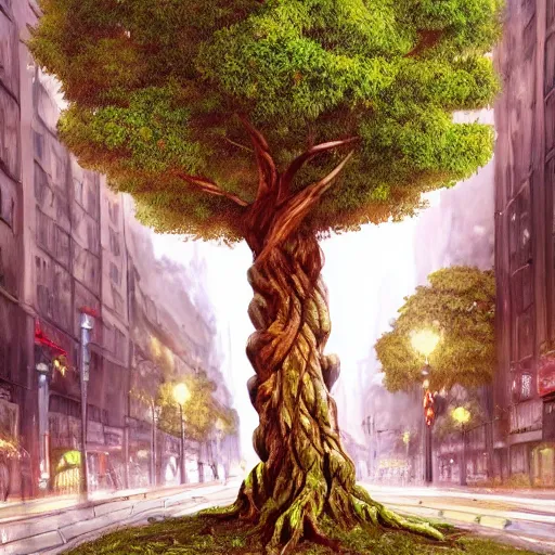 Image similar to a tree with a wide trunk planted in the middle of a city with high details, digital art, artstation, cinematografic