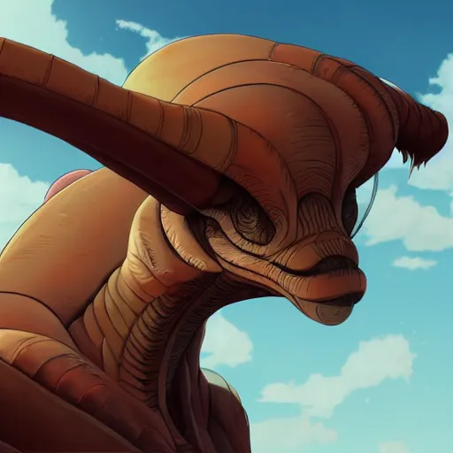 Image similar to concept art painting of an alien animal creature, detailed, cel shaded, in the style of makoto shinkai and moebius and james gurney