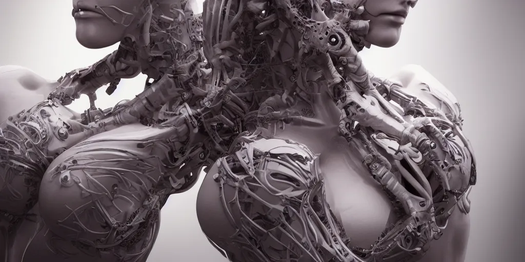 Prompt: photorealistic gorgeous symmetrical female cyborg, holding intimately, highly detailed, arms, knees, back, intricate, in the style of beth cavener, jin kagetsu, wlop, masterpiece, concept art, high key lighting, ambient lighting, octane render, 8 k, artstation
