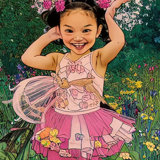 Image similar to a mixed race hapa five - year - old girl, dressed as a ballerina, performing at the washington dc botanical gardens, smiling into the camera, portrait, wide shot, midday light, bright colors, illustration, pop art, splash painting, art by geof darrow, ashley wood, alphonse mucha