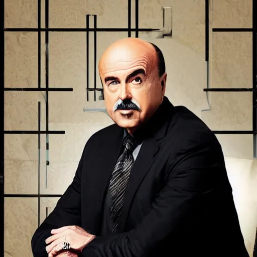 Prompt: a photograph of dr. phil as an evil supervillain, wearing all black, sitting in a throne