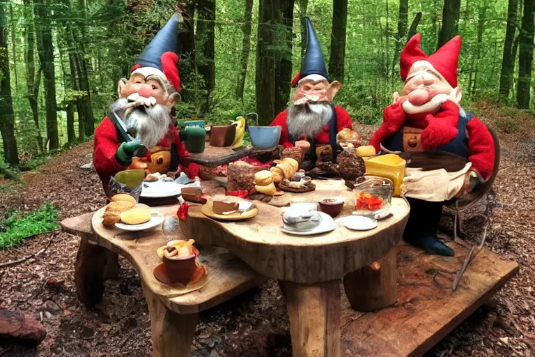 Prompt: Croissants and fuming hot chocolate served by living gnomes at a table in an moody forest. Photo