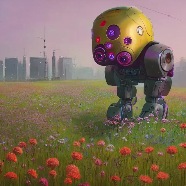 Image similar to a cyberpunk robot in a field of flowers by simon stalenhag