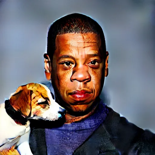 Prompt: JAY Z holding a puppy for a 1990s sitcom tv show, Studio Photograph, portrait C 12.0