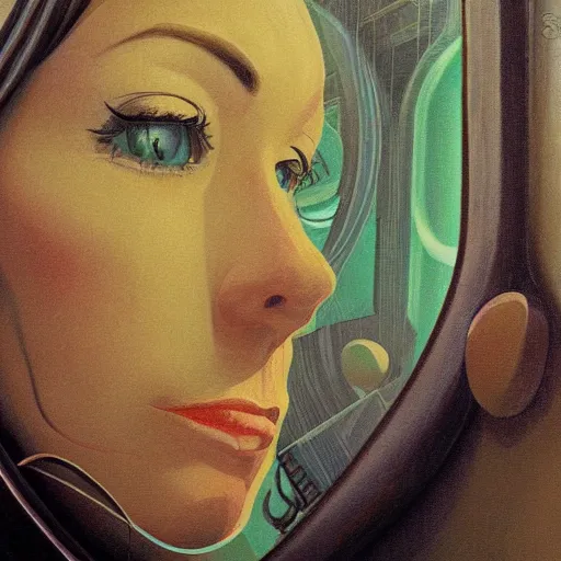 Image similar to detailed face of a woman, clockwork, moment, tectonic sky, skydome, bullet train, turbines, utopian, tech noir, wet reflections, prism, atmospheric, ambient, pj crook, syd mead, emma uber, greg rutkowski, edward hopper