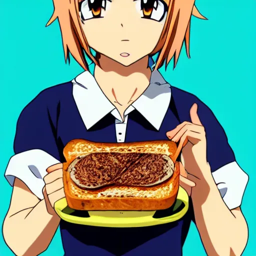Image similar to mizuki from boku girl eating vegemite on toast disgustedly in anime style