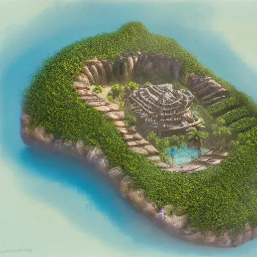 Image similar to Long forgotten undiscovered secret tropical island, matte painting, concept art, top down view